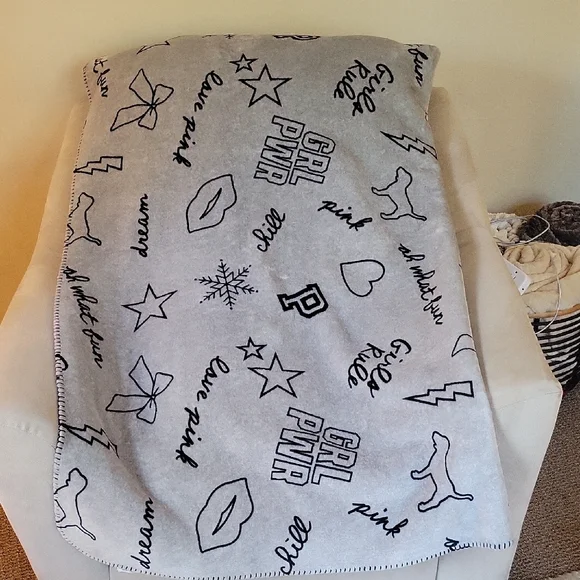 PINK Victoria's Secret Gray Blanket with Black Accents - Picture 1 of 4